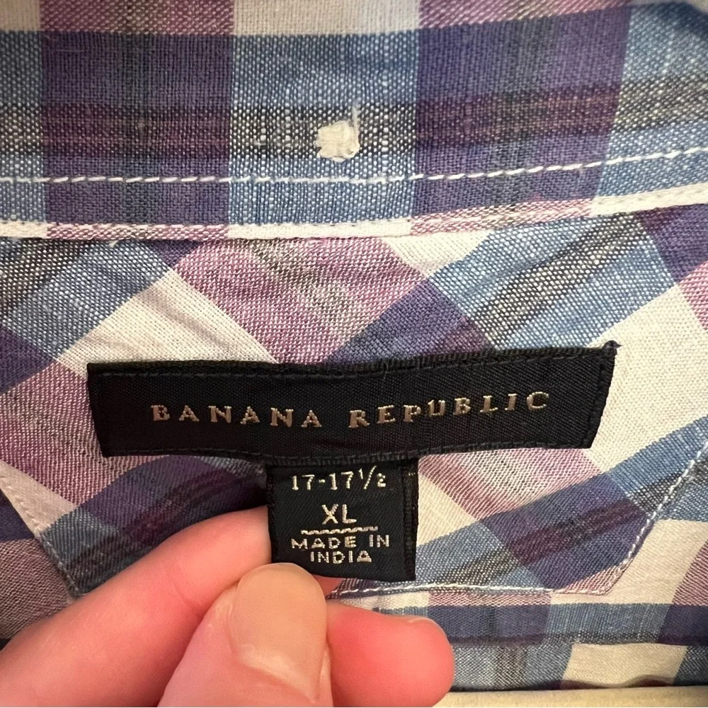 Banana Republic Cotton Linen Purple Plaid Button‎ Down Shirt XL Like New